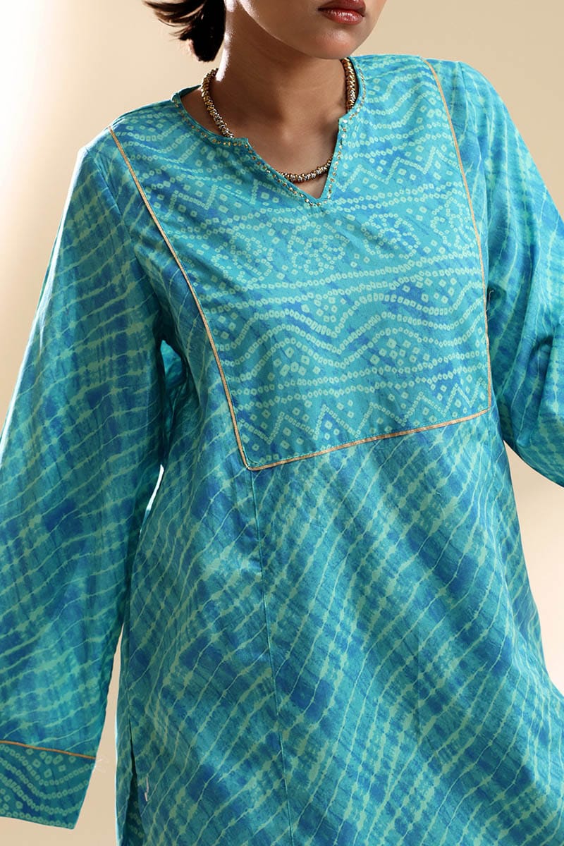 Turquoise Printed Kurta & Farshi Shalwar Set