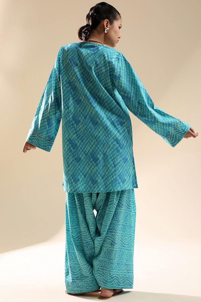 Turquoise Printed Kurta & Farshi Shalwar Set