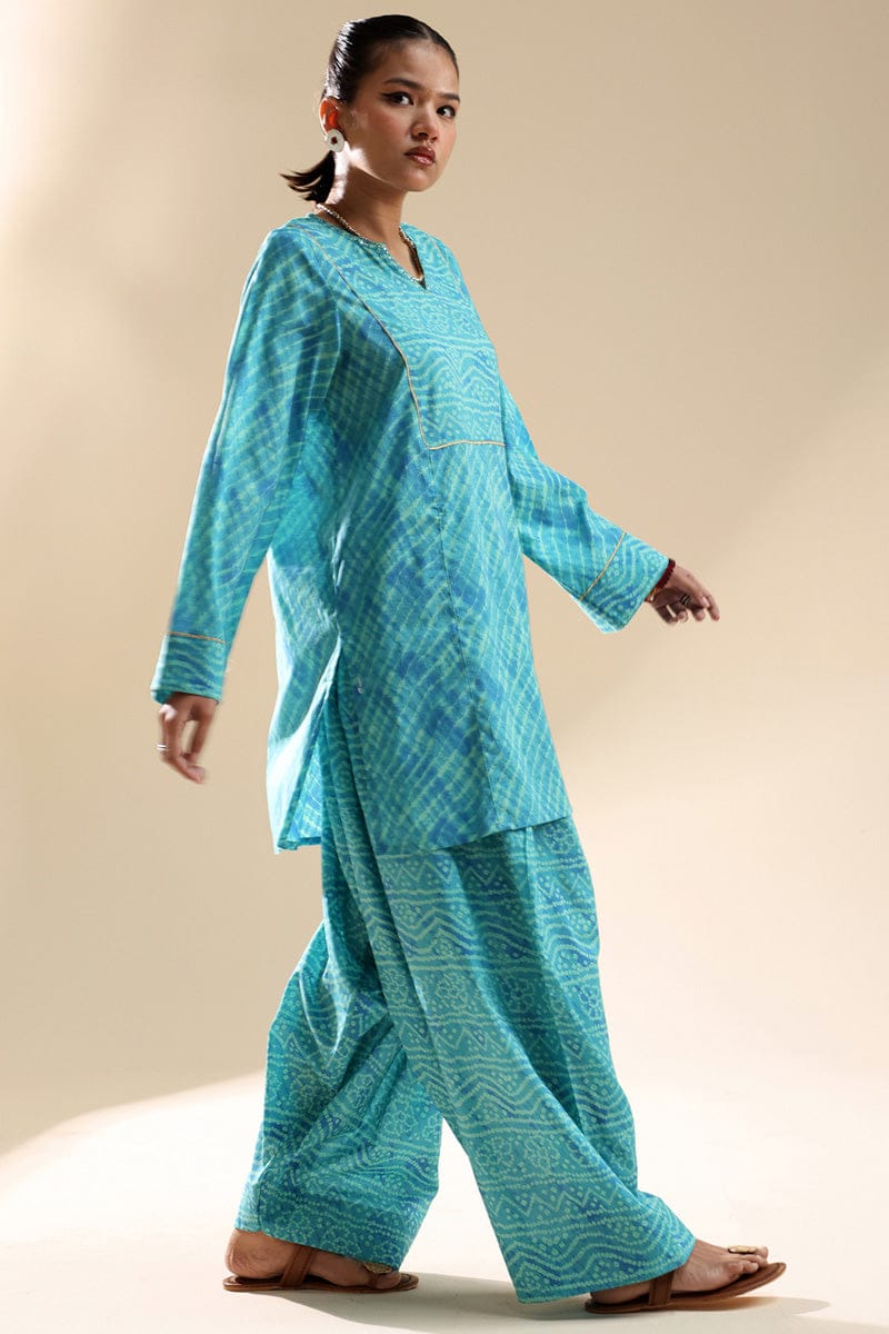 Turquoise Printed Kurta & Farshi Shalwar Set