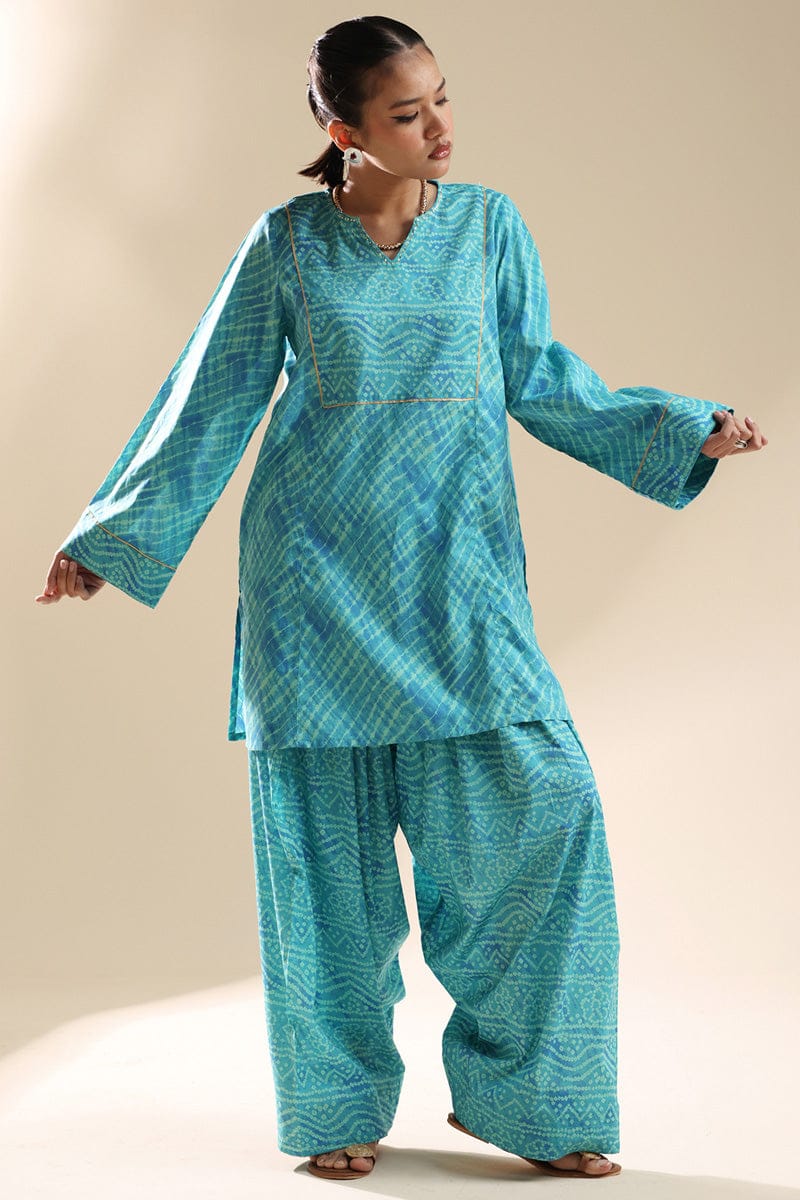 Turquoise Printed Kurta & Farshi Shalwar Set
